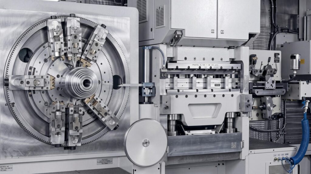 Eine detaillierte Ansicht einer grauen Industriemaschine, die einen großen, runden Werkzeugrevolver mit Zahnrädern und acht präzisen Werkzeughaltern auf der linken Seite zeigt. Auf der rechten Seite ist eine Bearbeitungseinheit mit flachen Metallplatten, einem dünnen Werkzeug und der Aufschrift "CYELETLGL AL KBO F 10IN EFO 2019" zu sehen.
